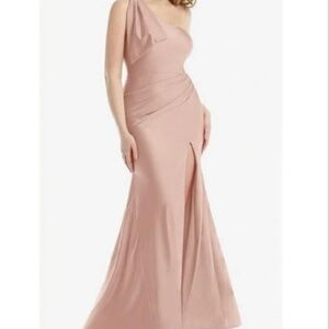 Cynthia & Sahar Zaara One Shoulder‎ Bow Satin Dress in Toasted Sugar Pink